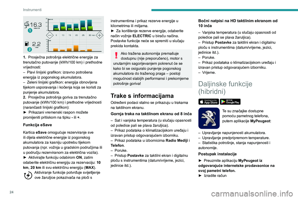 Peugeot 508 2020 Vodič za korisnike (in Croatian) 24
Instrumenti
1. Prosječna potrošnja električne energije za trenutačno putovanje (kWh/100 km) i prethodne vrijednosti:
– Plavi linijski grafikon: izravno potrošena energija iz pogonskog aku Peugeot 508 2020 Vodič za korisnike (in Croatian) 24
Instrumenti
1. Prosječna potrošnja električne energije za trenutačno putovanje (kWh/100 km) i prethodne vrijednosti:
– Plavi linijski grafikon: izravno potrošena energija iz pogonskog aku