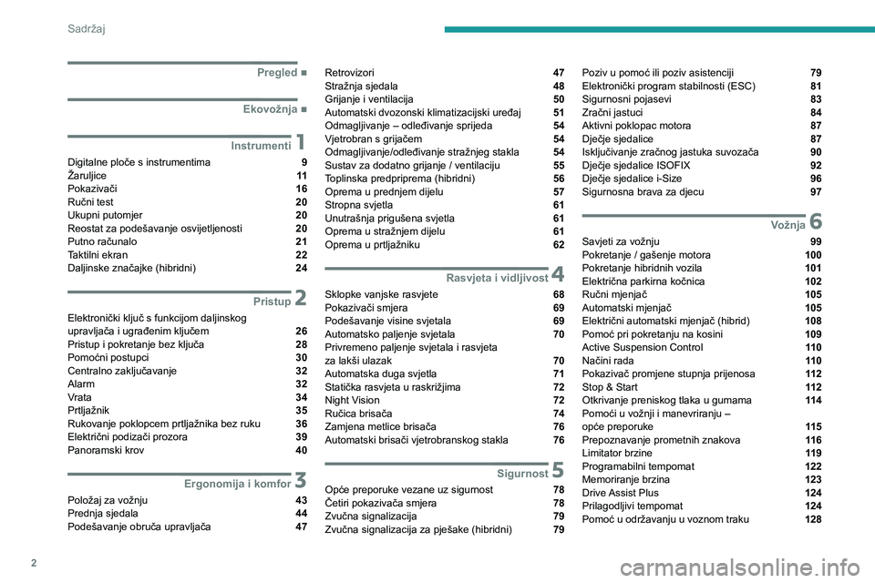 Peugeot 508 2020  Vodič za korisnike (in Croatian) 2
Sadržaj
 
 
 
 
 
   ■
Pregled
  ■
Ekovožnja
 1Instrumenti
Digitalne ploče s instrumentima  9
Žaruljice  11
Pokazivači  16
Ručni test  20
Ukupni putomjer  20
Reostat za podešavanje os