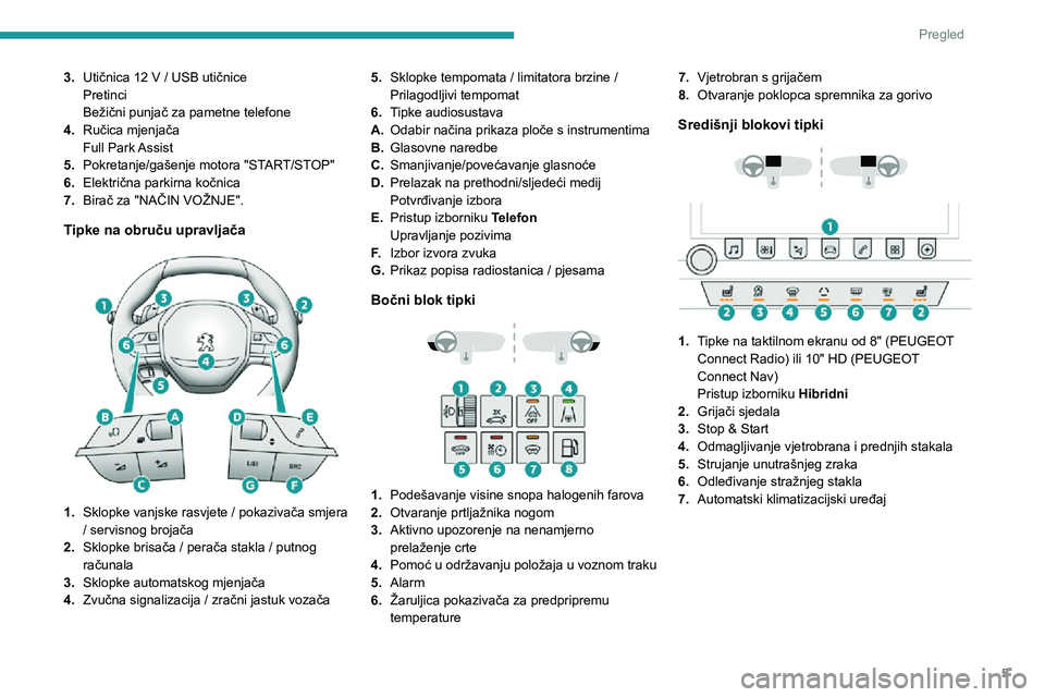 Peugeot 508 2020  Vodič za korisnike (in Croatian) 5
Pregled
3.Utičnica 12 V / USB utičnicePretinci
Bežični punjač za pametne telefone
4. Ručica mjenjača
Full Park Assist
5. Pokretanje/gašenje motora "START/STOP"
6. Električna parkirn