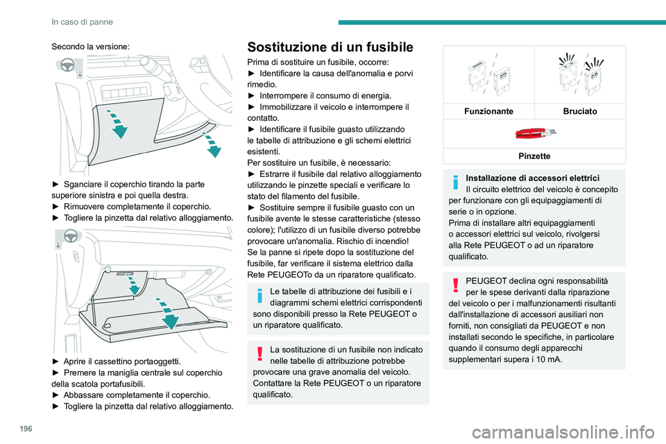 Peugeot 508 2020  Manuale del proprietario (in Italian) 196
In caso di panne
Secondo la versione: 
 
► Sganciare il coperchio tirando la parte 
superiore sinistra e poi quella destra.
►
 
Rimuovere completamente il coperchio.
►

 
T
 ogliere la pinze