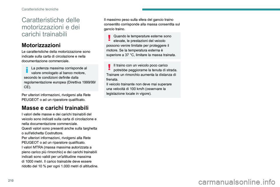 Peugeot 508 2020  Manuale del proprietario (in Italian) 210
Caratteristiche tecniche
Caratteristiche delle 
motorizzazioni e dei 
carichi trainabili
Motorizzazioni
Le caratteristiche della motorizzazione sono 
indicate sulla carta di circolazione e nella 
