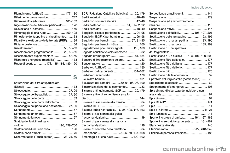 Peugeot 508 2020  Manuale del proprietario (in Italian) 265
Indice alfabetico
Riempimento AdBlue®     177, 180
Riferimento colore vernice     
217
Rifornimento carburante
    
161–162
Rigenerazione del filtro antiparticolato
    
178
Rilevazione di osta