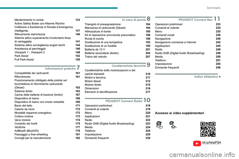 Peugeot 508 2020  Manuale del proprietario (in Italian) 3
Sommario
  
  
bit.ly/helpPSA 
 
 
Mantenimento in corsia  133
Active Safety Brake con Allarme Rischio  
Collisione e Assistenza in frenata d’emergenza 
intelligente. 
 137
Rilevamento stanchezza 
