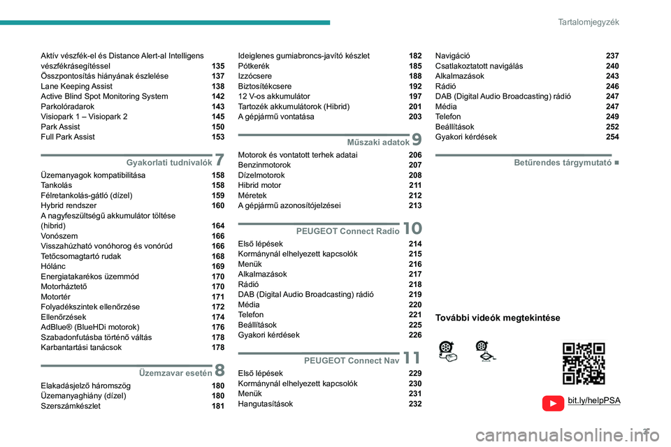Peugeot 508 2020  Kezelési útmutató (in Hungarian) 3
Tartalomjegyzék
  
  
bit.ly/helpPSA
 
 
 
Aktív vészfék-el és Distance Alert-al Intelligens 
vészfékrásegítéssel  135
Összpontosítás hiányának észlelése  137
Lane Keeping Assist  1