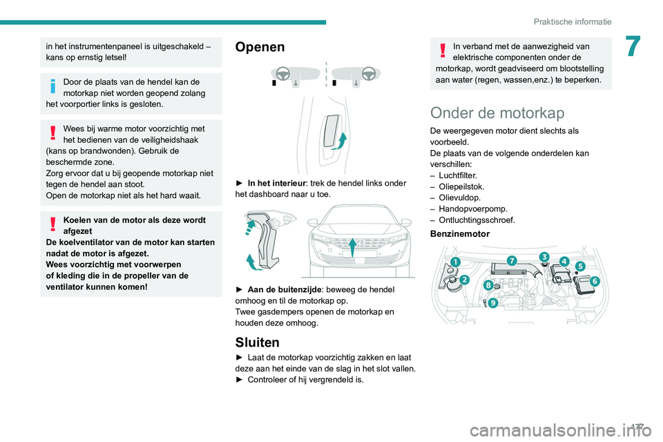 Peugeot 508 2020 Handleiding (in Dutch) 177
Praktische informatie
7in het instrumentenpaneel is uitgeschakeld –
kans op ernstig letsel!
Door de plaats van de hendel kan de
motorkap niet worden geopend zolang
het voorportier links is ge Peugeot 508 2020 Handleiding (in Dutch) 177
Praktische informatie
7in het instrumentenpaneel is uitgeschakeld –
kans op ernstig letsel!
Door de plaats van de hendel kan de
motorkap niet worden geopend zolang
het voorportier links is ge