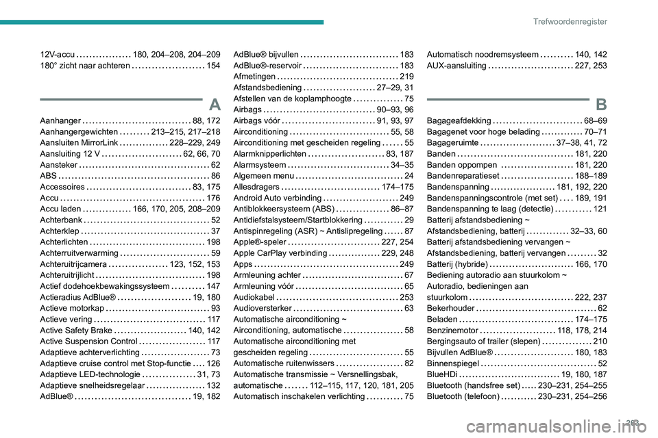 Peugeot 508 2020  Handleiding (in Dutch) 263
Trefwoordenregister
12V-accu    180, 204–208, 204–209
180° zicht naar achteren     
154
A
Aanhanger     88, 172
Aanhangergewichten     
213–215, 217–218
Aansluiten MirrorLink
    
228–2
