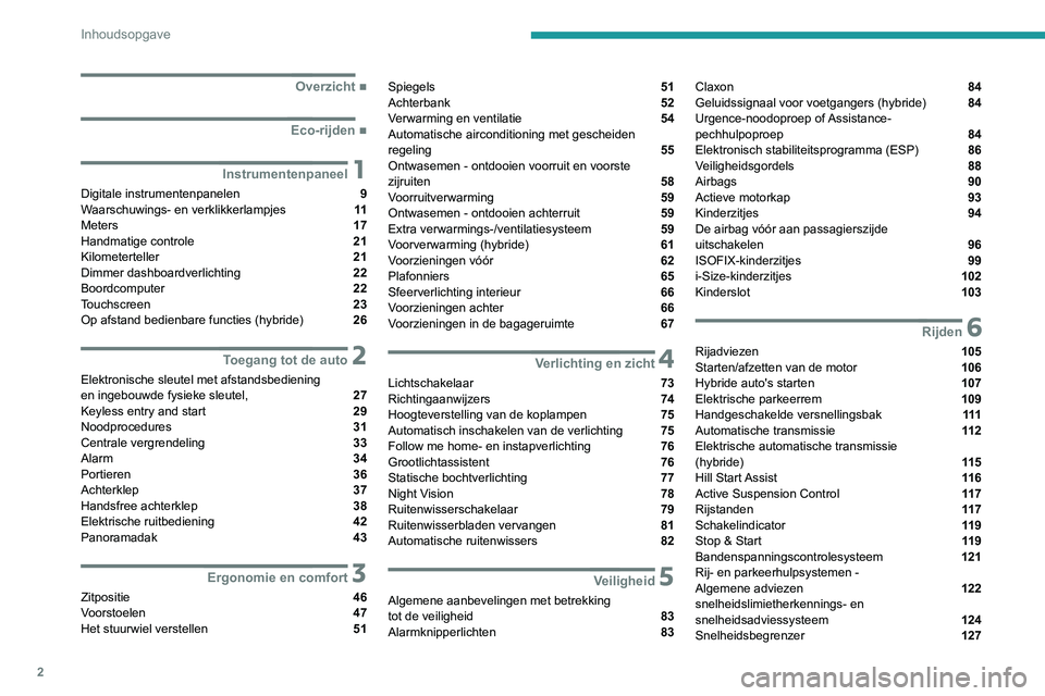 Peugeot 508 2020  Handleiding (in Dutch) 2
Inhoudsopgave
 
 
 
 
 
   ■
Overzicht
  ■
Eco-rijden
 1Instrumentenpaneel
Digitale instrumentenpanelen  9
Waarschuwings- en verklikkerlampjes  11
Meters  17
Handmatige controle  21
Kilomete