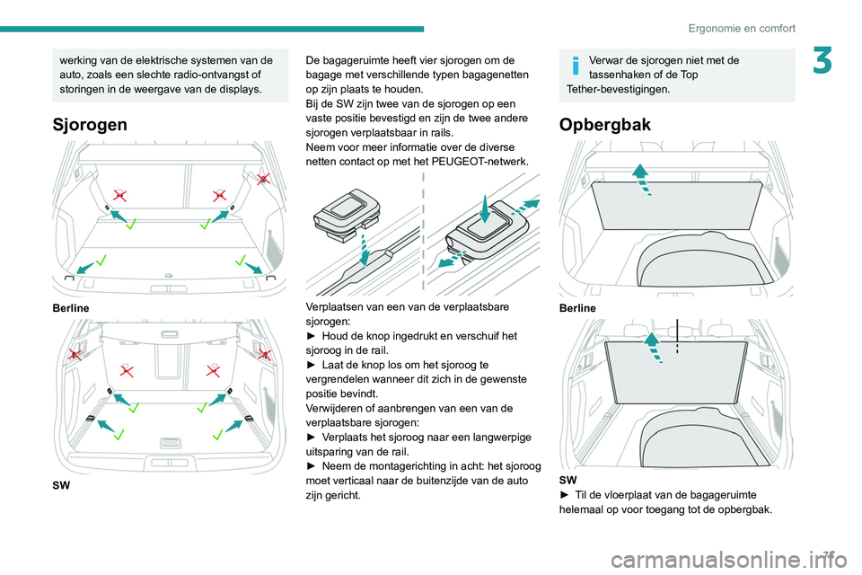 Peugeot 508 2020  Handleiding (in Dutch) 71
Ergonomie en comfort
3werking van de elektrische systemen van de 
auto, zoals een slechte radio-ontvangst of 
storingen in de weergave van de displays.
Sjorogen 
 
Berline 
 
SWDe bagageruimte heef