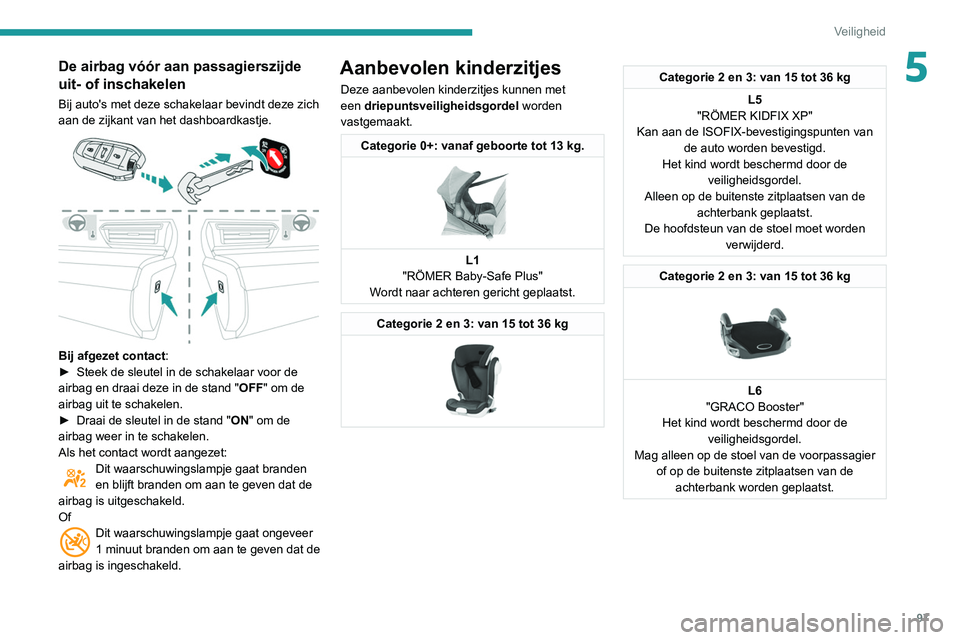 Peugeot 508 2020  Handleiding (in Dutch) 97
Veiligheid
5De airbag vóór aan passagierszijde 
uit- of inschakelen
Bij auto's met deze schakelaar bevindt deze zich 
aan de zijkant van het dashboardkastje.
 
 
Bij afgezet contact:
► Stee