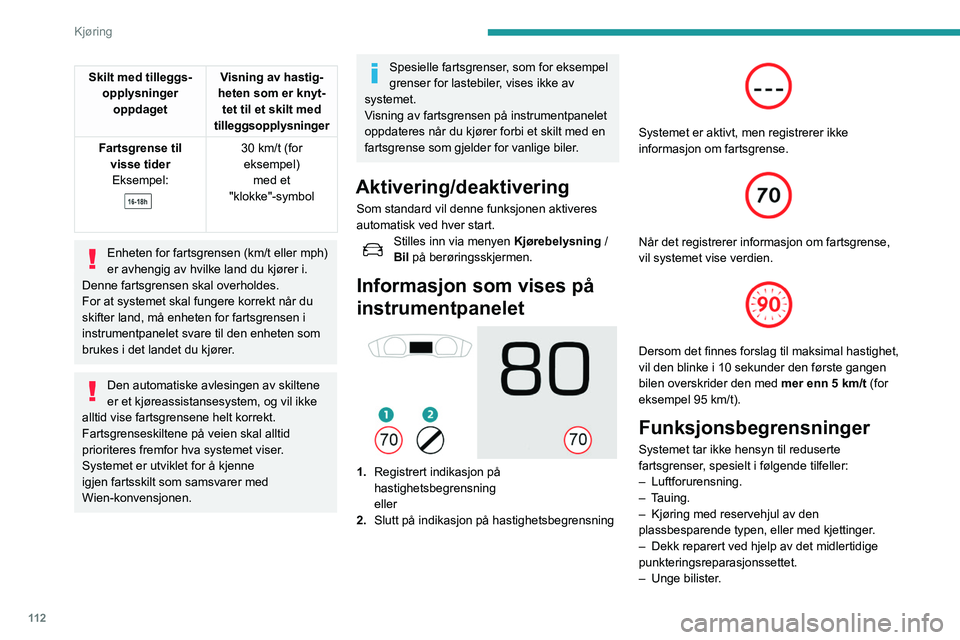 Peugeot 508 2020  Brukerhåndbok (in Norwegian) 11 2
Kjøring
Skilt med tilleggs-opplysninger oppdaget Visning av hastig-
heten som er knyt- tet til et skilt med 
tilleggsopplysninger
Fartsgrense til  visse tiderEksempel:
 
 
30 km/t (for 
eksempel