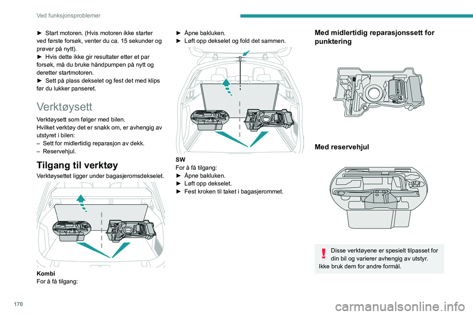 Peugeot 508 2020 Brukerhåndbok (in Norwegian) 170
Ved funksjonsproblemer
Jekken skal utelukkende brukes til skifte
av et skadet dekk
Ikke bruk en annen jekk enn den som følger
med bilen.
Hvis bilen ikke har sin originale jekk, kontakt
en PEUG Peugeot 508 2020 Brukerhåndbok (in Norwegian) 170
Ved funksjonsproblemer
Jekken skal utelukkende brukes til skifte
av et skadet dekk
Ikke bruk en annen jekk enn den som følger
med bilen.
Hvis bilen ikke har sin originale jekk, kontakt
en PEUG