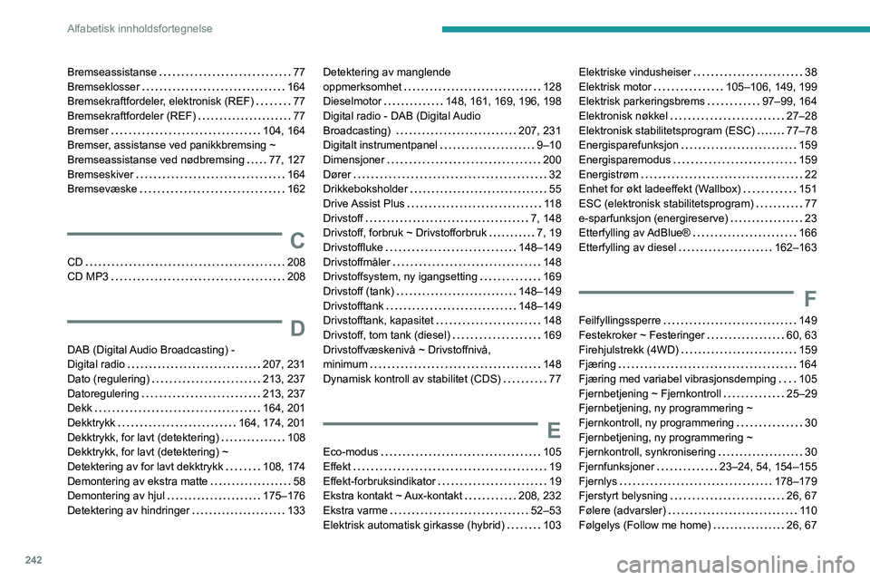 Peugeot 508 2020 Brukerhåndbok (in Norwegian) 242
Alfabetisk innholdsfortegnelse
Bremseassistanse 77
Bremseklosser
164
Bremsekraftfordeler, elektronisk (REF)
77
Bremsekraftfordeler (REF)
77
Bremser
104, 164
Bremser, assistan Peugeot 508 2020 Brukerhåndbok (in Norwegian) 242
Alfabetisk innholdsfortegnelse
Bremseassistanse 77
Bremseklosser
164
Bremsekraftfordeler, elektronisk (REF)
77
Bremsekraftfordeler (REF)
77
Bremser
104, 164
Bremser, assistan
