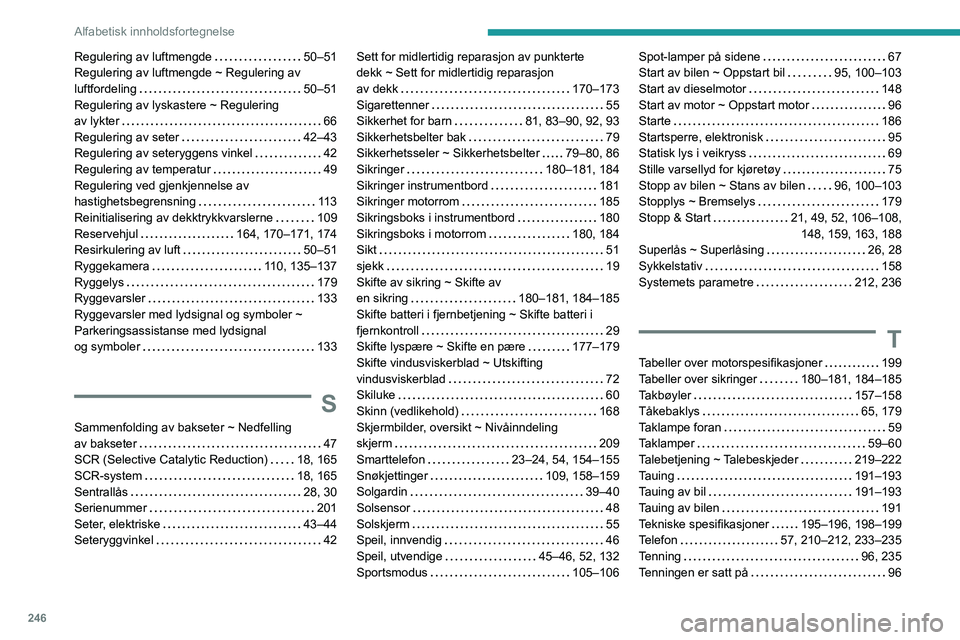 Peugeot 508 2020 Brukerhåndbok (in Norwegian) 246
Alfabetisk innholdsfortegnelse
Regulering av luftmengde 50–51
Regulering av luftmengde ~ Regulering av
luftfordeling
50–51
Regulering av lyskastere ~ Regulering
av lykter
66
R Peugeot 508 2020 Brukerhåndbok (in Norwegian) 246
Alfabetisk innholdsfortegnelse
Regulering av luftmengde 50–51
Regulering av luftmengde ~ Regulering av
luftfordeling
50–51
Regulering av lyskastere ~ Regulering
av lykter
66
R