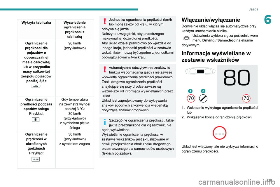 Peugeot 508 2020 Instrukcja Obsługi (in Polish) 125
Jazda
6Wykryta tabliczka Wyświetlenie ograniczenia prędkości z tabliczką
Ograniczenie
prędkości dla pojazdów o
dopuszczalnej
masie całkowitej lub w przypadku masy całkowitej
zespo Peugeot 508 2020 Instrukcja Obsługi (in Polish) 125
Jazda
6Wykryta tabliczka Wyświetlenie ograniczenia prędkości z tabliczką
Ograniczenie
prędkości dla pojazdów o
dopuszczalnej
masie całkowitej lub w przypadku masy całkowitej
zespo