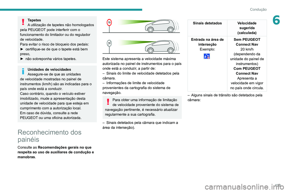 Peugeot 508 2020 Manual do proprietário (in Portuguese) 123
Condução
6Tapetes
A utilização de tapetes não homologados
pela PEUGEOT pode interferir com o
funcionamento do limitador ou do regulador
de velocidade.
Para evitar o risco de bloqueio dos p Peugeot 508 2020 Manual do proprietário (in Portuguese) 123
Condução
6Tapetes
A utilização de tapetes não homologados
pela PEUGEOT pode interferir com o
funcionamento do limitador ou do regulador
de velocidade.
Para evitar o risco de bloqueio dos p