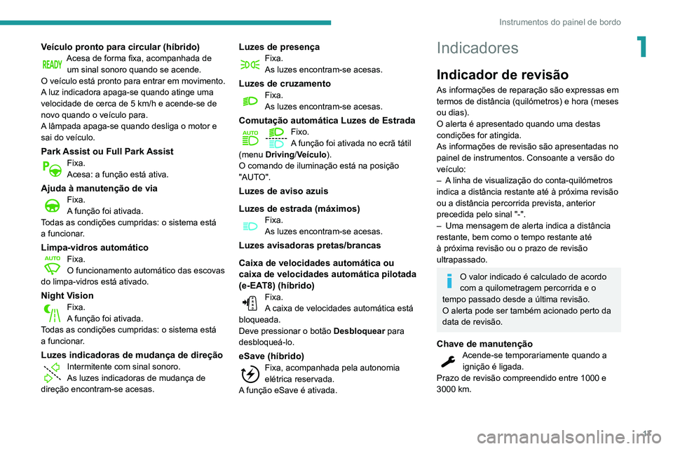 Peugeot 508 2020  Manual do proprietário (in Portuguese) 17
Instrumentos do painel de bordo
1Veículo pronto para circular (híbrido)Acesa de forma fixa, acompanhada de um sinal sonoro quando se acende.
O veículo está pronto para entrar em movimento.
A lu