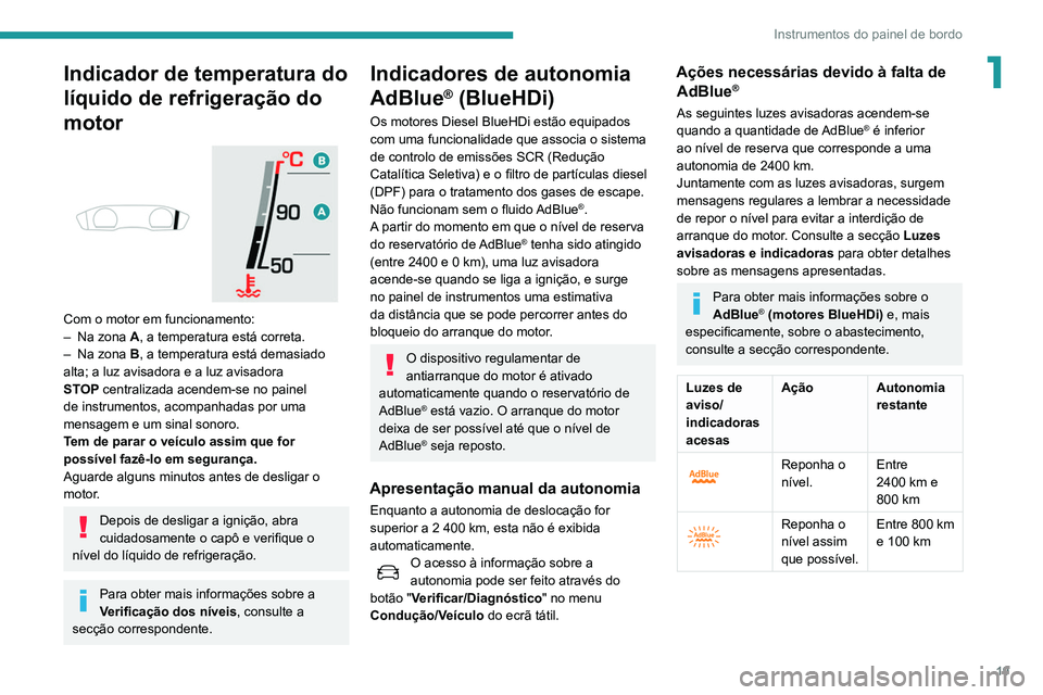 Peugeot 508 2020  Manual do proprietário (in Portuguese) 19
Instrumentos do painel de bordo
1Indicador de temperatura do 
líquido de refrigeração do 
motor
 
 
Com o motor em funcionamento:
– Na zona  A, a temperatura está correta.
–
 
Na zona 
 B, 