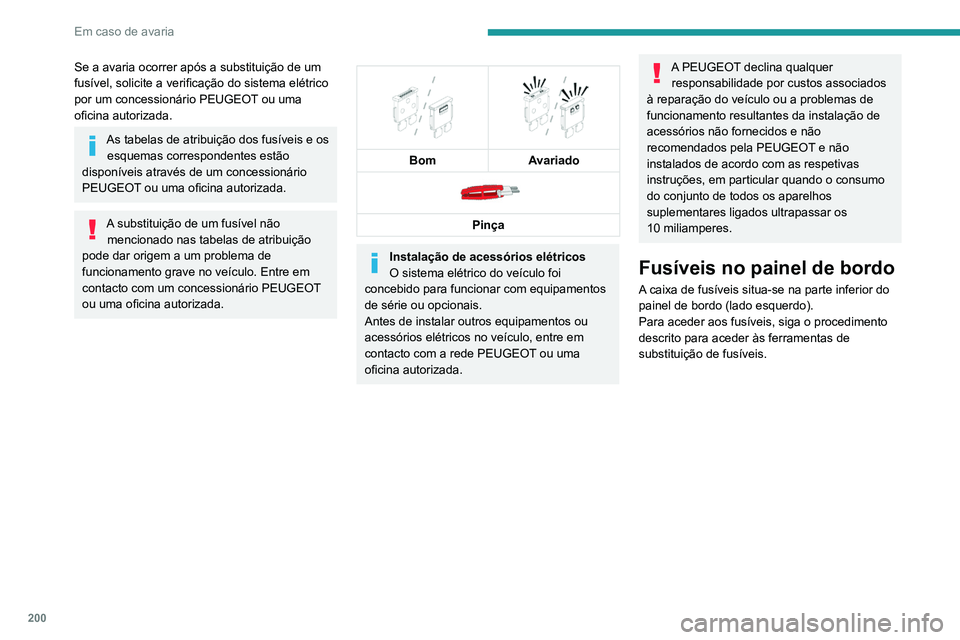 Peugeot 508 2020 Manual do proprietário (in Portuguese) 200
Em caso de avaria
Tabelas de fusíveis
Caixa 1
Fusível n.°Intensidade (A) Funções
F1 10 ARetrovisores “eletrocromáticos”.
F3 5 ALâmpadas traseiras 3D adaptativas.
F4 15 ABuzina.
F5 20 Peugeot 508 2020 Manual do proprietário (in Portuguese) 200
Em caso de avaria
Tabelas de fusíveis
Caixa 1
Fusível n.°Intensidade (A) Funções
F1 10 ARetrovisores “eletrocromáticos”.
F3 5 ALâmpadas traseiras 3D adaptativas.
F4 15 ABuzina.
F5 20