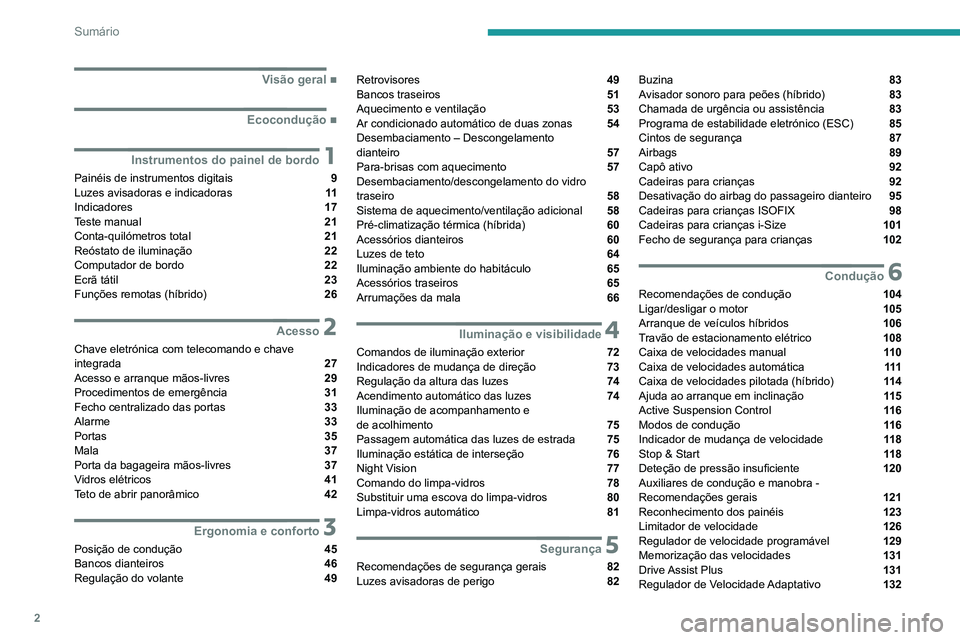 Peugeot 508 2020  Manual do proprietário (in Portuguese) 2
Sumário
 
 
 
 
 
   ■
Visão geral
  ■
Ecocondução
 1Instrumentos do painel de bordo
Painéis de instrumentos digitais  9
Luzes avisadoras e indicadoras  11
Indicadores  17
Teste manual 