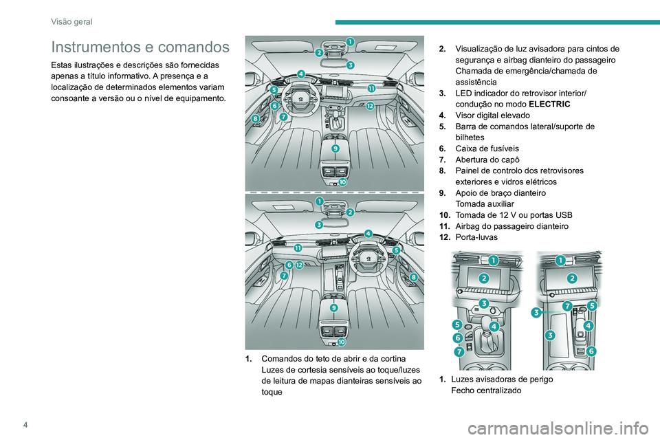 Peugeot 508 2020  Manual do proprietário (in Portuguese) 4
Visão geral
Instrumentos e comandos
Estas ilustrações e descrições são fornecidas 
apenas a título informativo. A presença e a 
localização de determinados elementos variam 
consoante a ve