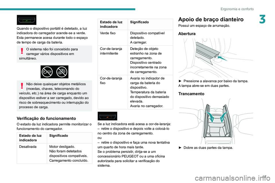 Peugeot 508 2020 Manual do proprietário (in Portuguese) 63
Ergonomia e conforto
3
Quando o dispositivo portátil é detetado, a luz
indicadora do carregador acende-se a verde.
Esta permanece acesa durante todo o espaço
de tempo de carga da bateria.
O Peugeot 508 2020 Manual do proprietário (in Portuguese) 63
Ergonomia e conforto
3
Quando o dispositivo portátil é detetado, a luz
indicadora do carregador acende-se a verde.
Esta permanece acesa durante todo o espaço
de tempo de carga da bateria.
O