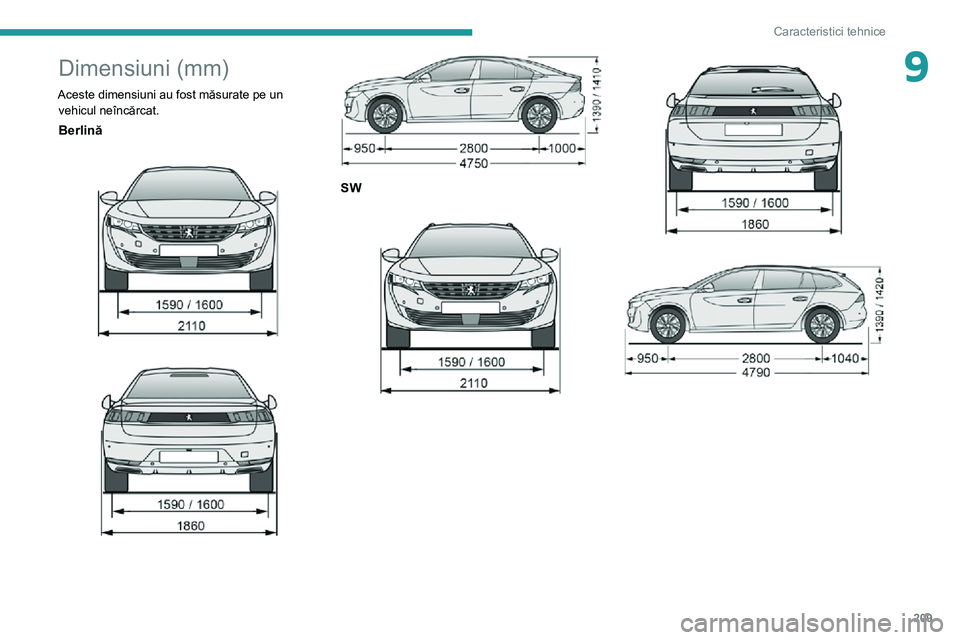 Peugeot 508 2020 Manualul de utilizare (in Romanian) 209
Caracteristici tehnice
9Dimensiuni (mm)
Aceste dimensiuni au fost măsurate pe un vehicul neîncărcat.
Berlină
SW
Peugeot 508 2020 Manualul de utilizare (in Romanian) 209
Caracteristici tehnice
9Dimensiuni (mm)
Aceste dimensiuni au fost măsurate pe un vehicul neîncărcat.
Berlină
SW