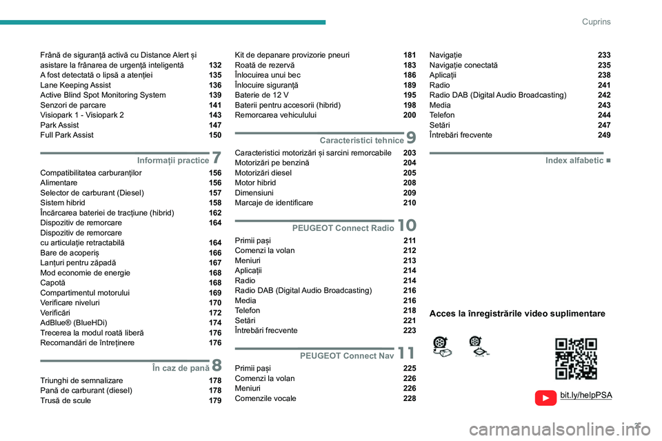 Peugeot 508 2020  Manualul de utilizare (in Romanian) 3
Cuprins
  
  
bit.ly/helpPSA 
 
 
Frână de siguranță activă cu Distance Alert și 
asistare la frânarea de urgență inteligentă  132
A fost detectată o lipsă a atenției  135
Lane  Keeping