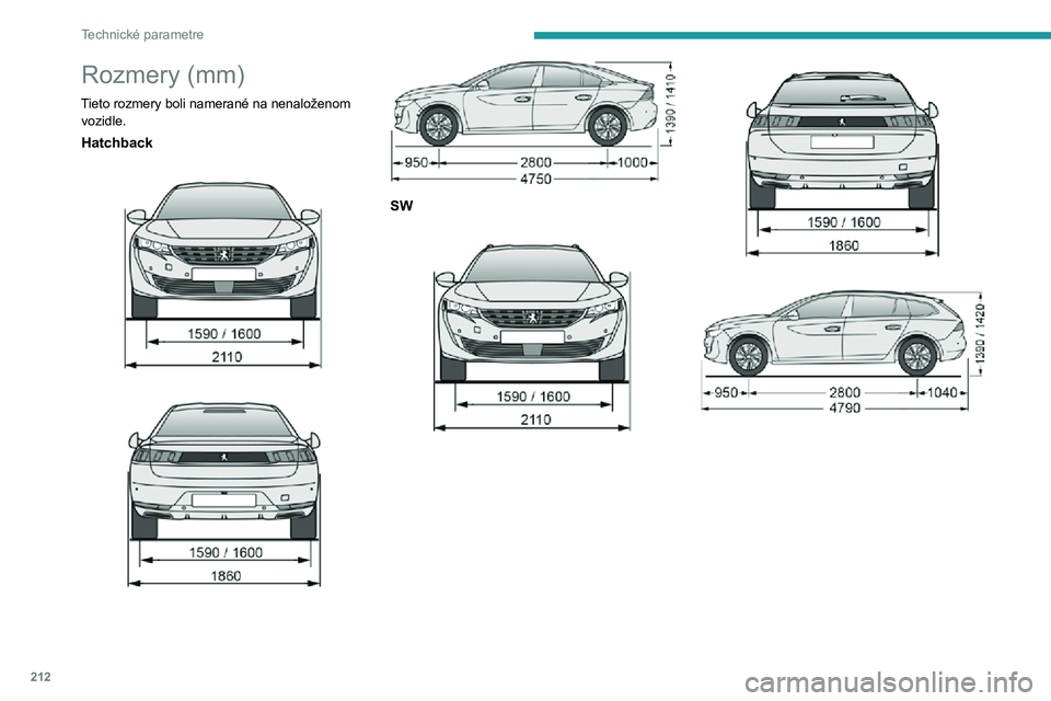 Peugeot 508 2020  Užívateľská príručka (in Slovak) 212
Technické parametre
Rozmery (mm)
Tieto rozmery boli namerané na nenaloženom vozidle.
Hatchback 
 
 
 
SW 
 
 
 
Identifikačné prvky
Rôzne viditeľné označenia slúžiace na 
identifikáciu