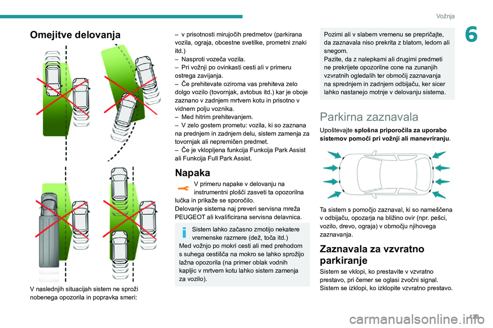 Peugeot 508 2020 Priročnik za lastnika (in Slovenian) 139
Vožnja
6Omejitve delovanja
V naslednjih situacijah sistem ne sproži
nobenega opozorila in popravka smeri:
– v prisotnosti mirujočih predmetov (parkirana vozila, ograja, obcestne svetil Peugeot 508 2020 Priročnik za lastnika (in Slovenian) 139
Vožnja
6Omejitve delovanja
V naslednjih situacijah sistem ne sproži
nobenega opozorila in popravka smeri:
– v prisotnosti mirujočih predmetov (parkirana vozila, ograja, obcestne svetil