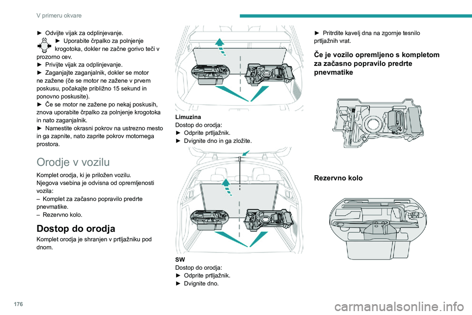 Peugeot 508 2020 Priročnik za lastnika (in Slovenian) 176
V primeru okvare
Orodje je specifično za vozilo in se lahko razlikuje glede na opremo.
Ne uporabljajte ga za druge namene.
Dvigalko lahko uporabljate samo za
zamenjavo poškodovane ali predrte
Peugeot 508 2020 Priročnik za lastnika (in Slovenian) 176
V primeru okvare
Orodje je specifično za vozilo in se lahko razlikuje glede na opremo.
Ne uporabljajte ga za druge namene.
Dvigalko lahko uporabljate samo za
zamenjavo poškodovane ali predrte