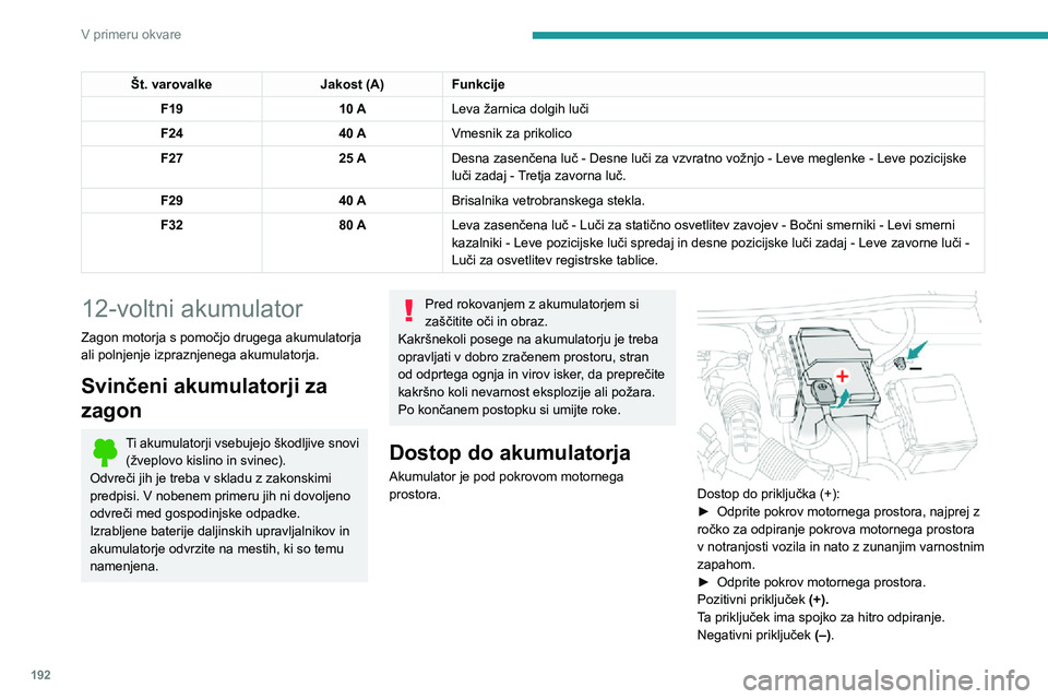 Peugeot 508 2020 Priročnik za lastnika (in Slovenian) 192
V primeru okvare
Ker negativni priključek (–) akumulatorja ni dostopen, je ločena masna točka v bližini
akumulatorja.
Zagon z drugim
akumulatorjem
Če je akumulator izpraznjen, lahko motor Peugeot 508 2020 Priročnik za lastnika (in Slovenian) 192
V primeru okvare
Ker negativni priključek (–) akumulatorja ni dostopen, je ločena masna točka v bližini
akumulatorja.
Zagon z drugim
akumulatorjem
Če je akumulator izpraznjen, lahko motor