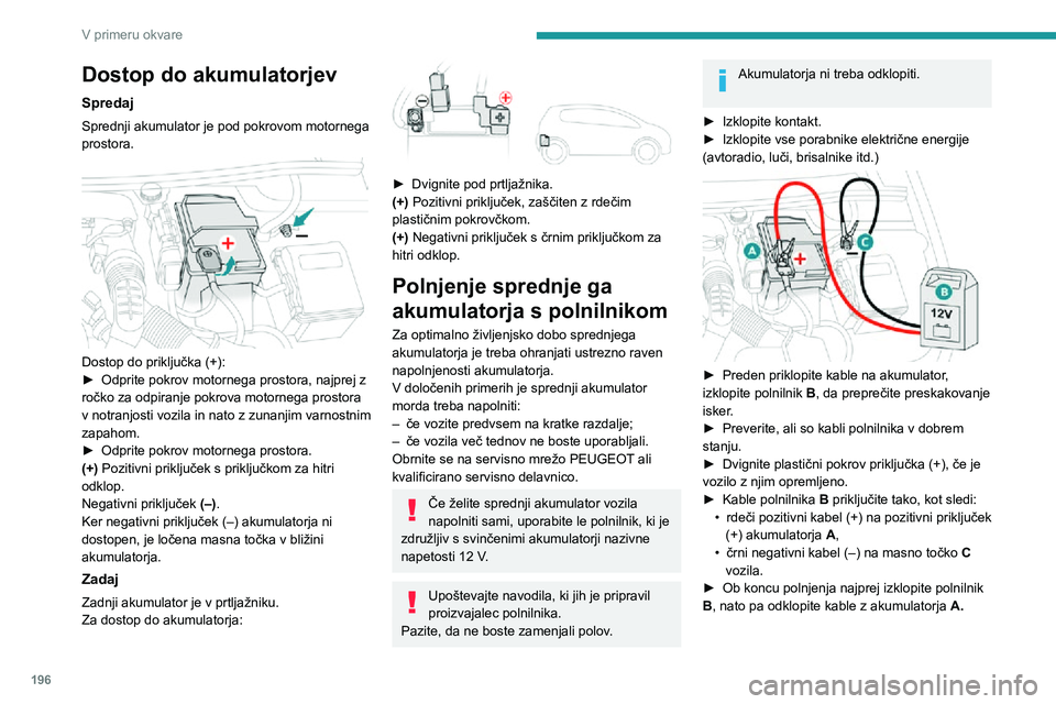 Peugeot 508 2020 Priročnik za lastnika (in Slovenian) 196
V primeru okvare
Zamrznjenega akumulatorja nikoli ne poskušajte napolniti – nevarnost
eksplozije!
Če je akumulator zmrznil, naj ga pregleda
servisna mreža PEUGEOT ali kvalificirana
servisn Peugeot 508 2020 Priročnik za lastnika (in Slovenian) 196
V primeru okvare
Zamrznjenega akumulatorja nikoli ne poskušajte napolniti – nevarnost
eksplozije!
Če je akumulator zmrznil, naj ga pregleda
servisna mreža PEUGEOT ali kvalificirana
servisn