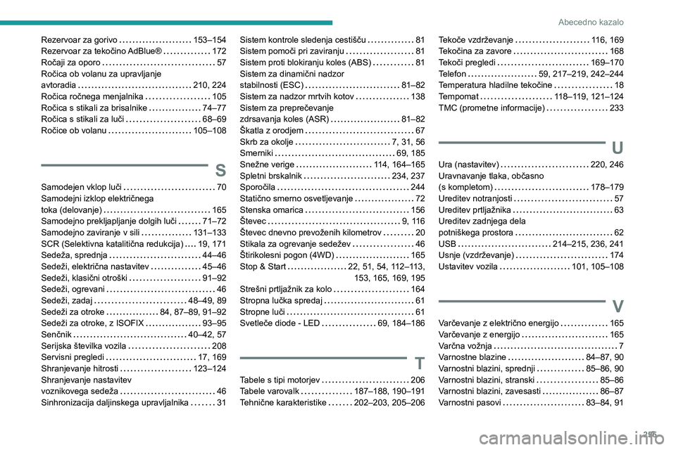 Peugeot 508 2020 Priročnik za lastnika (in Slovenian) 255
Abecedno kazalo
Rezervoar za gorivo 153–154Rezervoar za tekočino AdBlue® 172Ročaji za oporo 57Ročica ob volanu za upravljanje avtoradia 210, 224Ročica ročnega menjalnika 105Roč Peugeot 508 2020 Priročnik za lastnika (in Slovenian) 255
Abecedno kazalo
Rezervoar za gorivo 153–154Rezervoar za tekočino AdBlue® 172Ročaji za oporo 57Ročica ob volanu za upravljanje avtoradia 210, 224Ročica ročnega menjalnika 105Roč