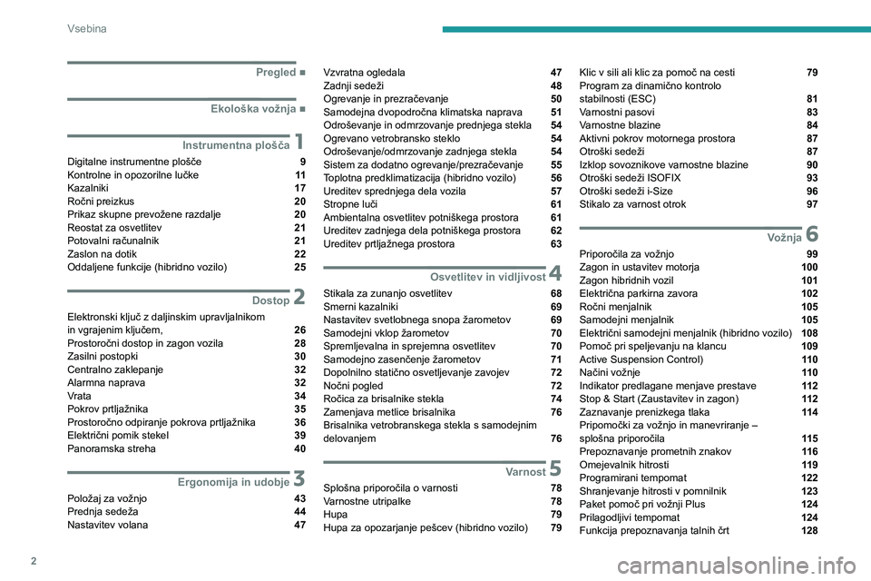 Peugeot 508 2020  Priročnik za lastnika (in Slovenian) 2
Vsebina
 
 
 
 
 
   ■
Pregled
  ■
Ekološka vožnja
 1Instrumentna plošča
Digitalne instrumentne plošče  9
Kontrolne in opozorilne lučke  11
Kazalniki  17
Ročni preizkus  20
Prikaz sk