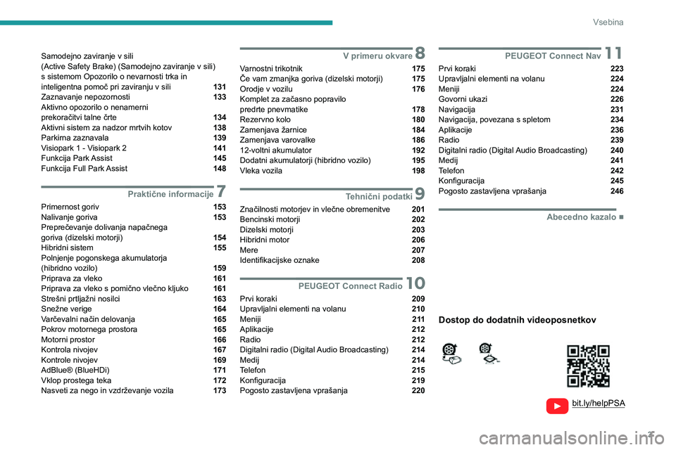 Peugeot 508 2020  Priročnik za lastnika (in Slovenian) 3
Vsebina
  
  
bit.ly/helpPSA 
 
 
Samodejno zaviranje v sili 
 
(Active Safety Brake) (Samodejno zaviranje v sili)   
s sistemom Opozorilo o nevarnosti trka in 
inteligentna pomoč pri zaviranju v s