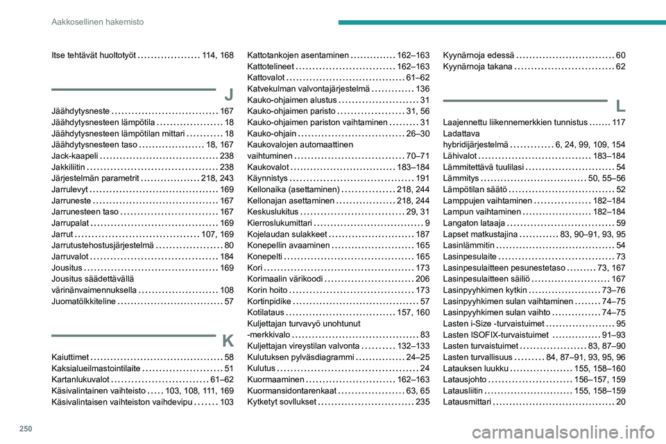 Peugeot 508 2020  Omistajan käsikirja (in Finnish) 250
Aakkosellinen hakemisto
Itse tehtävät huoltotyöt    114, 168
J
Jäähdytysneste     167
Jäähdytysnesteen lämpötila     
18
Jäähdytysnesteen lämpötilan mittari
    
18
Jäähdytysneste