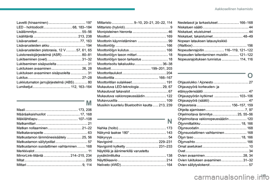 Peugeot 508 2020  Omistajan käsikirja (in Finnish) 251
Aakkosellinen hakemisto
Lavetti (hinaaminen)     197
LED - hohtodiodit     
68, 183–184
Lisälämmitys
    
55–56
Lisäliitäntä
    
213, 238
Lisävarusteet
    
77,   163
Lisävaruste