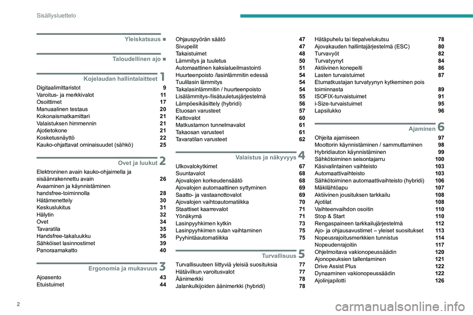 Peugeot 508 2020  Omistajan käsikirja (in Finnish) 2
Sisällysluettelo
 
 
 
 
 
   ■
Yleiskatsaus
  ■
Taloudellinen ajo
 1Kojelaudan hallintalaitteet
Digitaalimittaristot  9
Varoitus- ja merkkivalot  11
Osoittimet  17
Manuaalinen testaus  20
