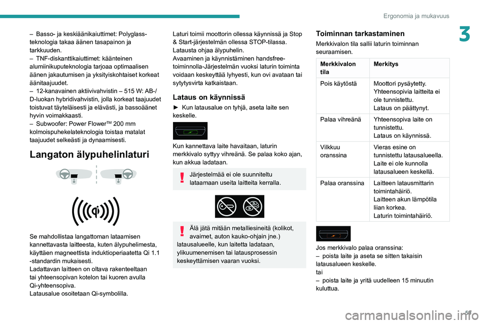 Peugeot 508 2020 Omistajan käsikirja (in Finnish) 59
Ergonomia ja mukavuus
3– Basso- ja keskiäänikaiuttimet: Polyglass-
teknologia takaa äänen tasapainon ja
tarkkuuden.
–
TNF-diskanttikaiuttimet: käänteinen
alumiinikuputeknologia tarjoa Peugeot 508 2020 Omistajan käsikirja (in Finnish) 59
Ergonomia ja mukavuus
3– Basso- ja keskiäänikaiuttimet: Polyglass-
teknologia takaa äänen tasapainon ja
tarkkuuden.
–
TNF-diskanttikaiuttimet: käänteinen
alumiinikuputeknologia tarjoa