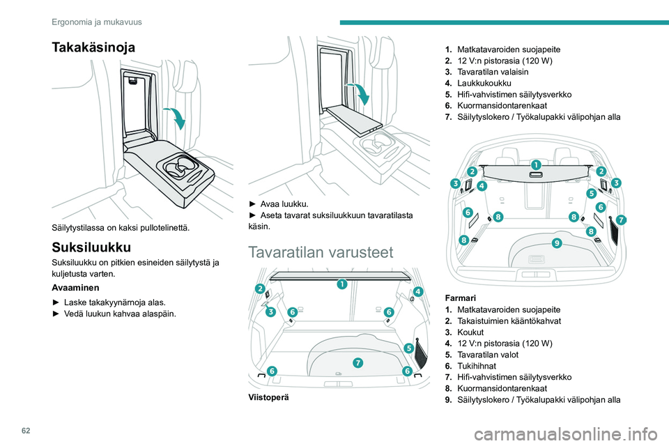 Peugeot 508 2020 Omistajan käsikirja (in Finnish) 62
Ergonomia ja mukavuus
Kuormansidontarenkaat on tarkoitettu
tavaroiden kiinnittämiseen erilaisten
kuormaverkkojen avulla.
Näitä kuormaverkkoja on saatavana
lisävarusteena tai tarvikkeena.
Kys Peugeot 508 2020 Omistajan käsikirja (in Finnish) 62
Ergonomia ja mukavuus
Kuormansidontarenkaat on tarkoitettu
tavaroiden kiinnittämiseen erilaisten
kuormaverkkojen avulla.
Näitä kuormaverkkoja on saatavana
lisävarusteena tai tarvikkeena.
Kys