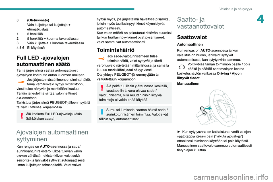 Peugeot 508 2020  Omistajan käsikirja (in Finnish) 69
Valaistus ja näkyvyys
40 (Oletussäätö)Vain kuljettaja tai kuljettaja + 
etumatkustaja
1 5 henkilöä
2 5 henkilöä + kuorma tavaratilassa
3 Vain kuljettaja + kuorma tavaratilassa
4 5 6 Ei käy