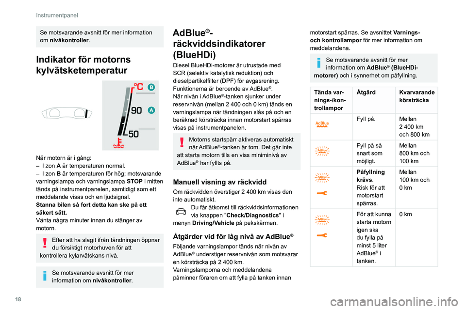 Peugeot 508 2020 Ägarmanual (in Swedish) 18
Instrumentpanel
Se motsvarande avsnitt för mer information
om nivåkontroller.
Indikator för motorns
kylvätsketemperatur
När motorn är i gång:
– I zon A är temperaturen normal.
–
Peugeot 508 2020 Ägarmanual (in Swedish) 18
Instrumentpanel
Se motsvarande avsnitt för mer information
om nivåkontroller.
Indikator för motorns
kylvätsketemperatur
När motorn är i gång:
– I zon A är temperaturen normal.
–