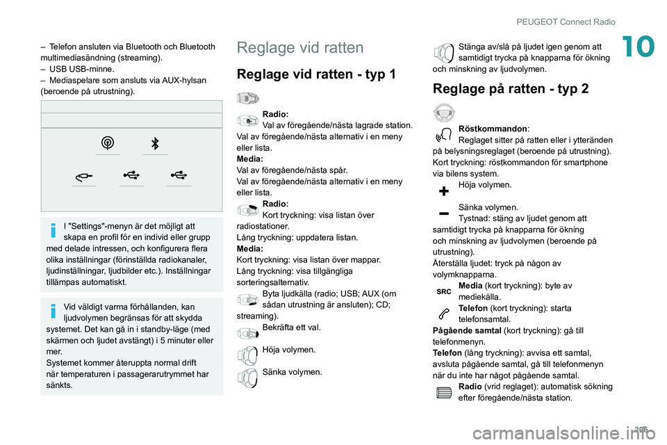 Peugeot 508 2020 Ägarmanual (in Swedish) 205
PEUGEOT Connect Radio
10– Telefon ansluten via Bluetooth och Bluetooth
multimediasändning (streaming).
–
USB USB-minne.
–
Mediaspelare som ansluts via
AUX-hylsan
(beroende på utrus Peugeot 508 2020 Ägarmanual (in Swedish) 205
PEUGEOT Connect Radio
10– Telefon ansluten via Bluetooth och Bluetooth
multimediasändning (streaming).
–
USB USB-minne.
–
Mediaspelare som ansluts via
AUX-hylsan
(beroende på utrus
