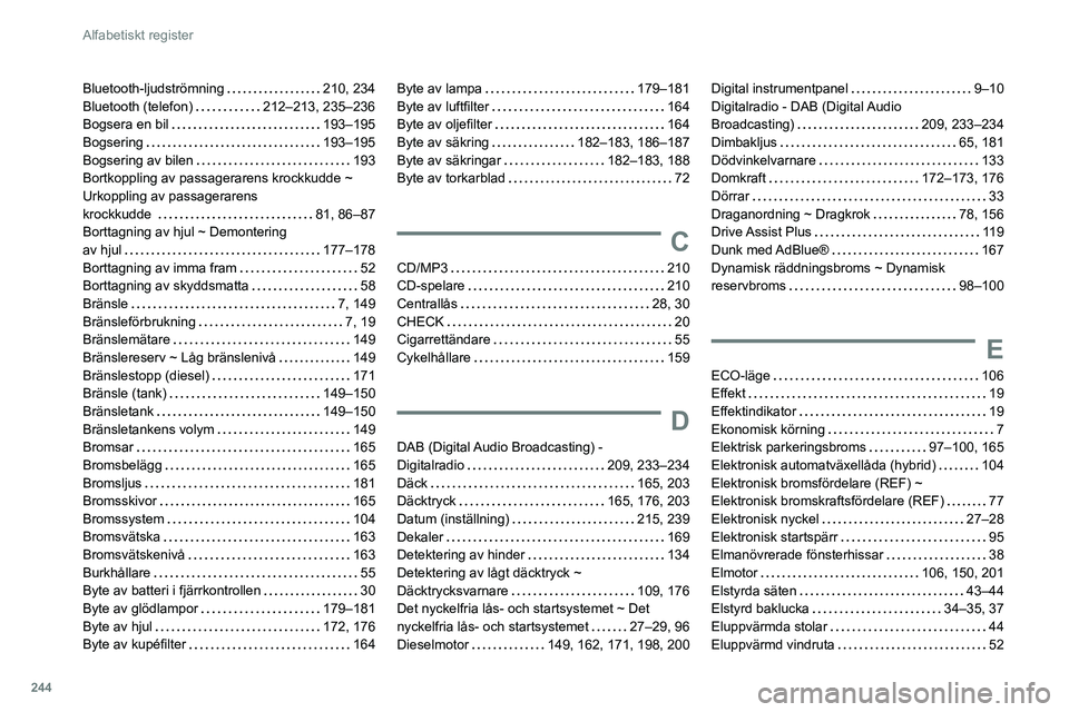 Peugeot 508 2020  Ägarmanual (in Swedish) 244
Alfabetiskt register
Bluetooth-ljudströmning     210, 234
Bluetooth (telefon)     
212–213, 235–236
Bogsera en bil
    
193–195
Bogsering
    
193–195
Bogsering av bilen
    
193
Bortkopp