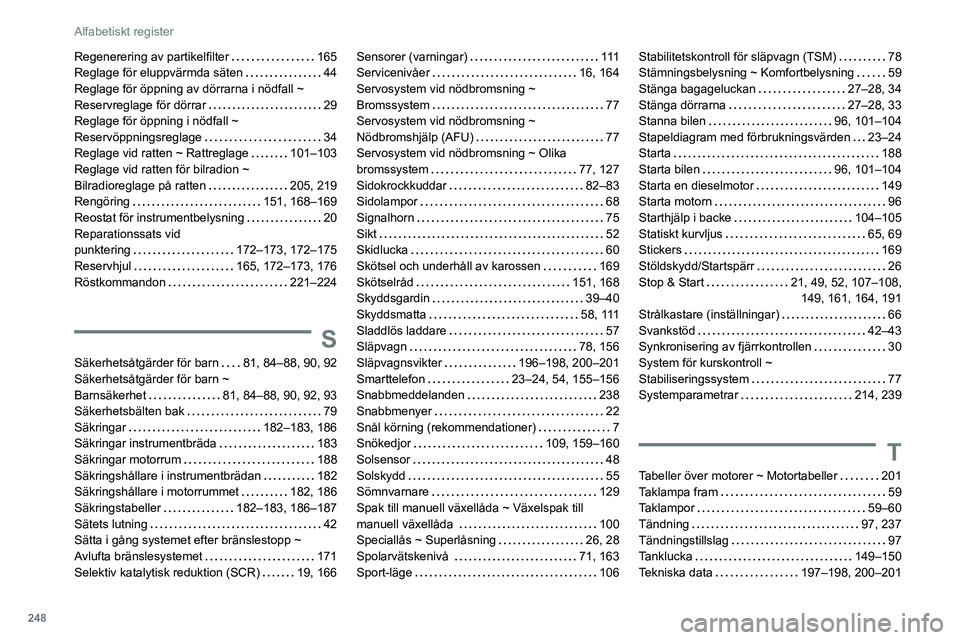 Peugeot 508 2020 Ägarmanual (in Swedish) 248
Alfabetiskt register
Regenerering av partikelfilter 165
Reglage för eluppvärmda säten
44
Reglage för öppning av dörrarna i nödfall ~
Reservreglage för dörrar
29
Reglage fö Peugeot 508 2020 Ägarmanual (in Swedish) 248
Alfabetiskt register
Regenerering av partikelfilter 165
Reglage för eluppvärmda säten
44
Reglage för öppning av dörrarna i nödfall ~
Reservreglage för dörrar
29
Reglage fö