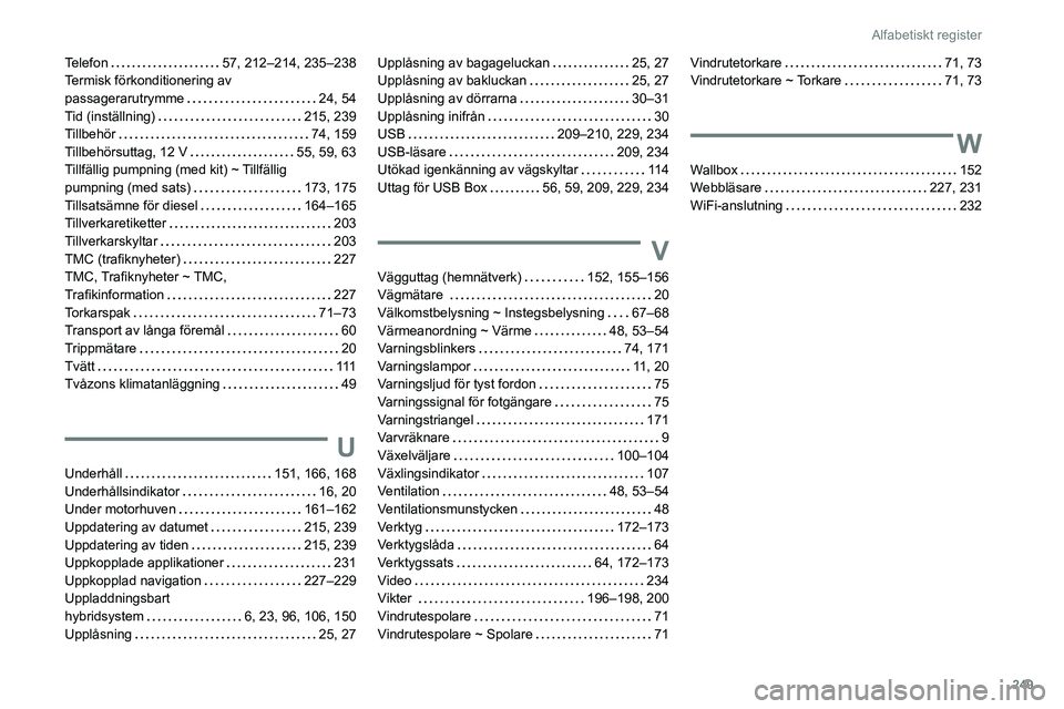 Peugeot 508 2020 Ägarmanual (in Swedish) 249
Alfabetiskt register
Telefon 57, 212–214, 235–238
Termisk förkonditionering av
passagerarutrymme
24, 54
Tid (inställning)
215, 239
Tillbehör
74, 159
Tillbehörsuttag, 12 Peugeot 508 2020 Ägarmanual (in Swedish) 249
Alfabetiskt register
Telefon 57, 212–214, 235–238
Termisk förkonditionering av
passagerarutrymme
24, 54
Tid (inställning)
215, 239
Tillbehör
74, 159
Tillbehörsuttag, 12