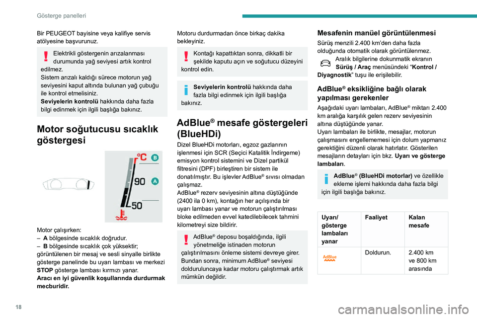 Peugeot 508 2020 Kullanım Kılavuzu (in Turkish) 18
Gösterge panelleri
Bir PEUGEOT bayisine veya kalifiye servis
atölyesine başvurunuz.
Elektrikli göstergenin arızalanması
durumunda yağ seviyesi artık kontrol
edilmez.
Sistem arızalı kal Peugeot 508 2020 Kullanım Kılavuzu (in Turkish) 18
Gösterge panelleri
Bir PEUGEOT bayisine veya kalifiye servis
atölyesine başvurunuz.
Elektrikli göstergenin arızalanması
durumunda yağ seviyesi artık kontrol
edilmez.
Sistem arızalı kal