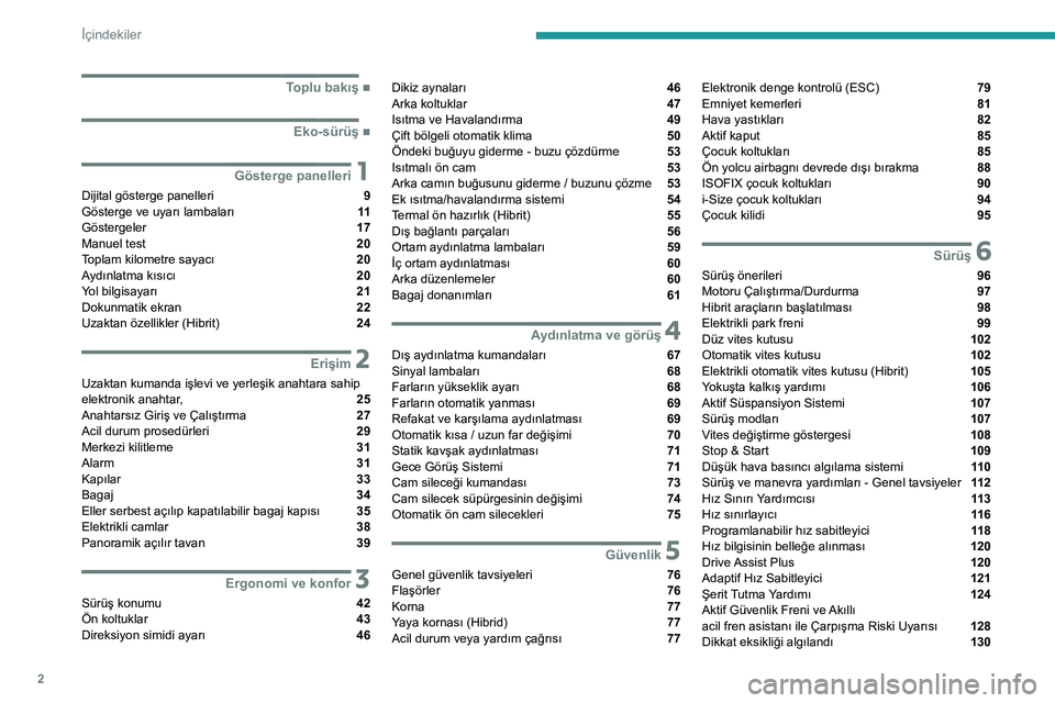 Peugeot 508 2020  Kullanım Kılavuzu (in Turkish) 2
İçindekiler
 
 
 
 
 
   ■
Toplu bakış
  ■
Eko-sürüş
 1Gösterge panelleri
Dijital gösterge panelleri  9
Gösterge ve uyarı lambaları  11
Göstergeler  17
Manuel test  20
Toplam ki