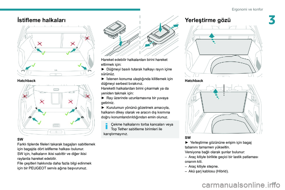 Peugeot 508 2020 Kullanım Kılavuzu (in Turkish) 65
Ergonomi ve konfor
3İstifleme halkaları
Hatchback
SW
Farklı tiplerde fileleri takarak bagajları sabitlemek
için bagajda dört istifleme halkası bulunur.
SW için, halkaların ikisi sab Peugeot 508 2020 Kullanım Kılavuzu (in Turkish) 65
Ergonomi ve konfor
3İstifleme halkaları
Hatchback
SW
Farklı tiplerde fileleri takarak bagajları sabitlemek
için bagajda dört istifleme halkası bulunur.
SW için, halkaların ikisi sab