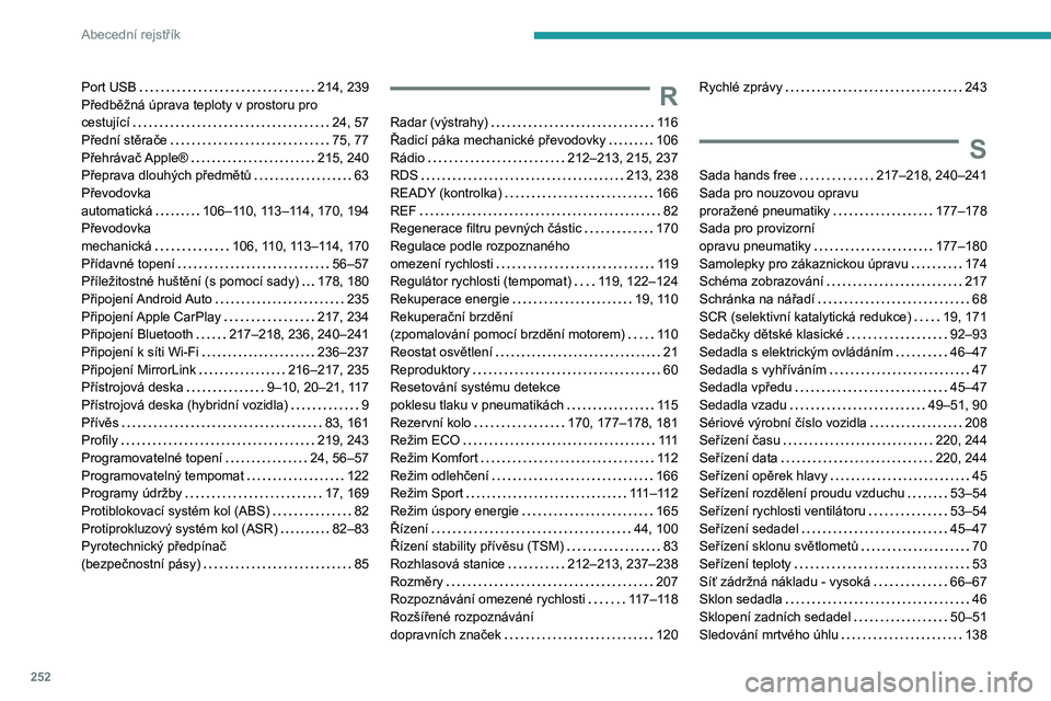 Peugeot 508 2020  Návod k obsluze (in Czech) 252
Abecední rejstřík
Port USB   214, 239Předběžná úprava teploty v prostoru pro cestující   24, 57Přední stěrače   75, 77Přehrávač Apple®   215, 240Přeprava dlouhých předmětů  
